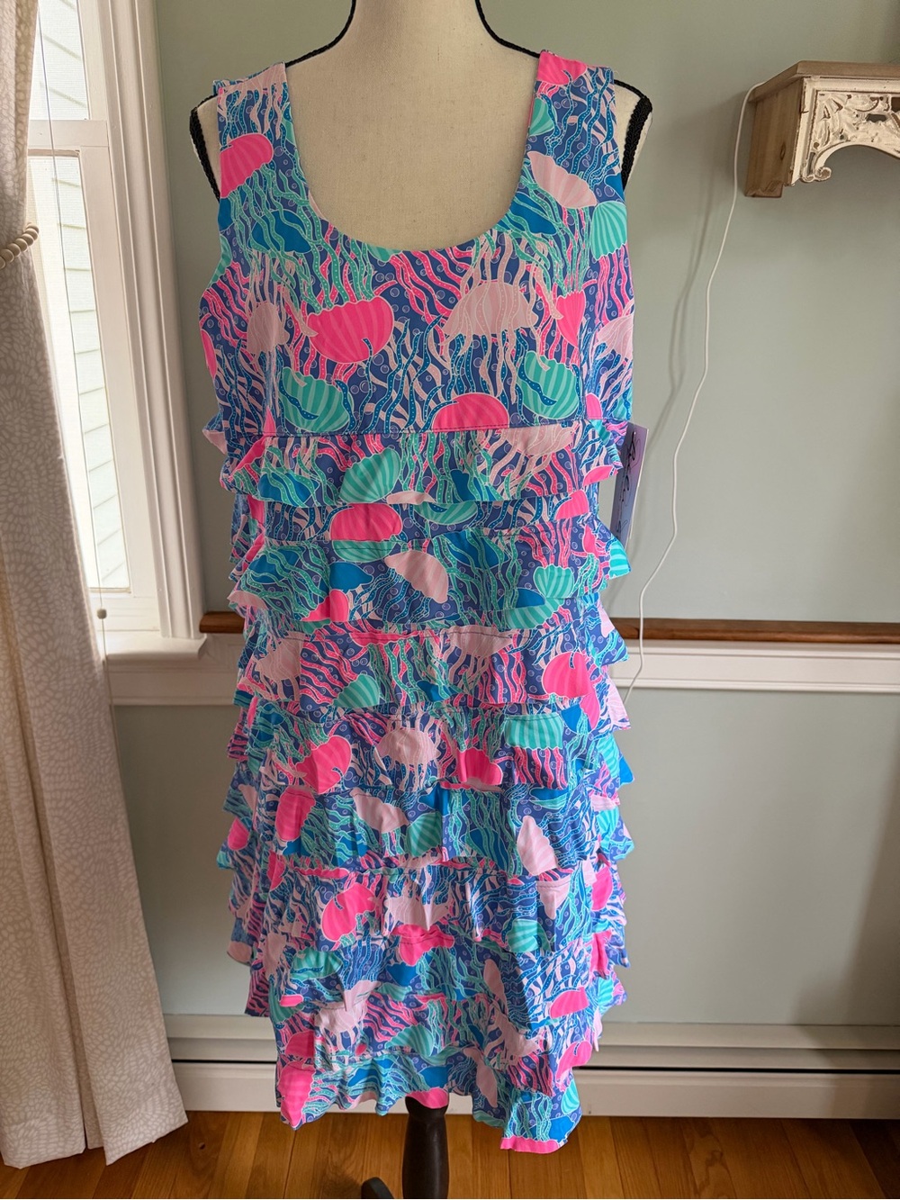 NWT Lulu-B Sleeveless Tiered Ruffle Dress - Pink, Blue & Mint Shell Print